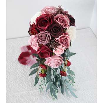 Bridal Teardrop Bouquet - Burgundy, Mauve, Pink Roses