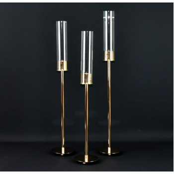 3 pcs Set of Candelabra - Gold with Glass Windlight