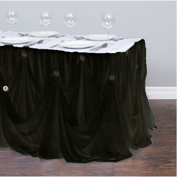 Black Princess Style Table Skirting W/ Brooches 5.2m - Ready to hang
