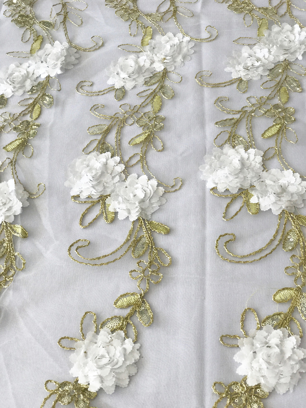 White Flower Gold Embroidery Table Square Overlay 228cm