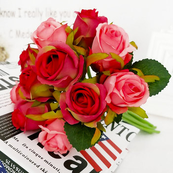 thumb_Red/Pink Tones Green - 12 Head Silk Rose Bouquet