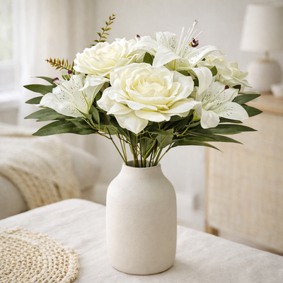 thumb_60cm - White Large 12 Stem Mixed Rose and Lily Flower Bush Artificial