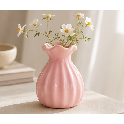 thumb_Small Pink Ceramic Scalloped Rim Bud Vase 9cm