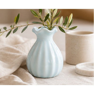 thumb_Small Blue Ceramic Scalloped Rim Bud Vase 9cm