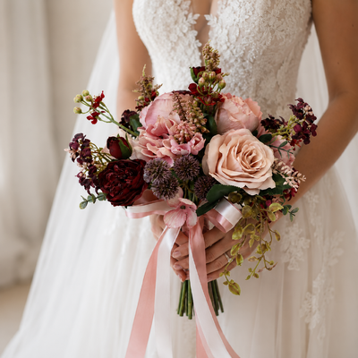 thumb_Artificial Burgundy, Blush Pink & Ivory Rose Peony Bridal Bouquet - 34cm