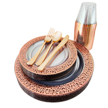 thumb_25 Person 150pc Plastic Dinner Set - Rose Gold/Clear