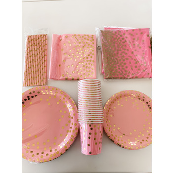 thumb_24 Person 192pc Pink/Gold - Paper Party Plate Set