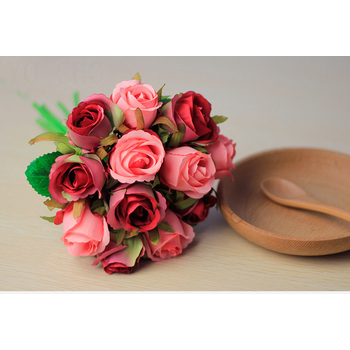 thumb_Red/Pink Tones Green - 12 Head Silk Rose Bouquet