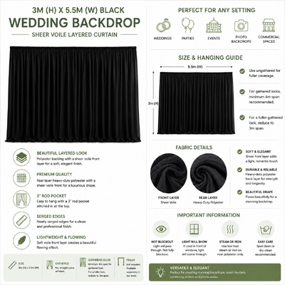 thumb_3m Black Polyester Wedding Backdrop Curtain with Sheer Voile Layer 