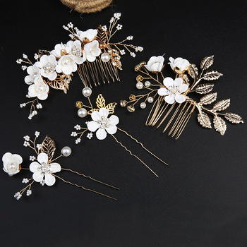 thumb_Hair Pin - Gold with Flowers, Pearls and Rhinestone