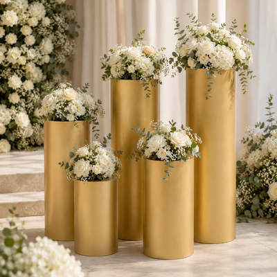 thumb_Set of 5 Matt Gold Round Metal Wedding Plinths – Factory Seconds