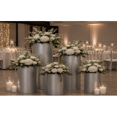 thumb_Set of 5 Matt Silver Round Metal Wedding Plinths – Factory Seconds