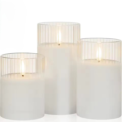 thumb_Ribbed Glass LED Pillar Candles – White Wax (Set of 3)