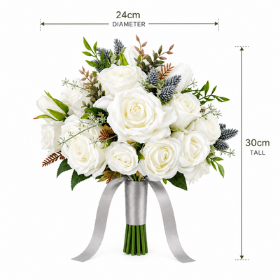 thumb_Artificial White Rose Bridal Bouquet with Grey Ribbon - 30cm