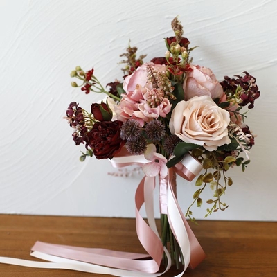 thumb_Artificial Burgundy, Blush Pink & Ivory Rose Peony Bridal Bouquet - 34cm