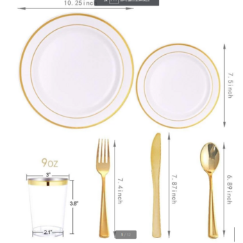 thumb_25 Person 150pc Plastic Dinner Set - White/Gold Rimmed