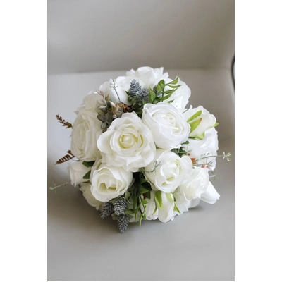 thumb_Artificial White Rose Bridal Bouquet with Grey Ribbon - 30cm