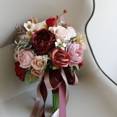 thumb_Artificial Burgundy, Blush Pink & Ivory Rose Peony Bridal Bouquet - 34cm
