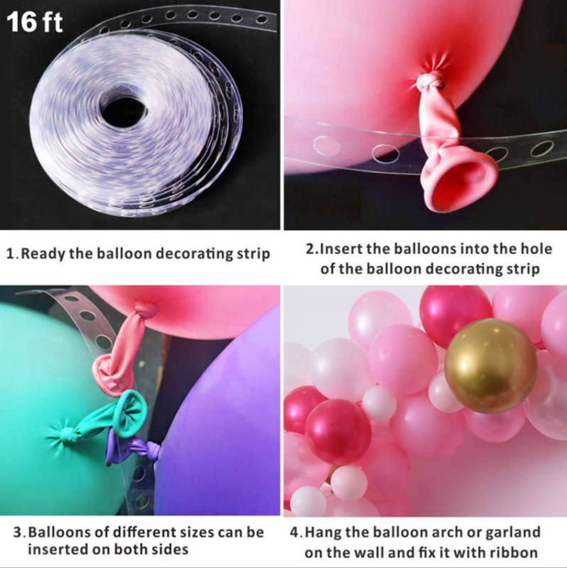 16ft Balloon Garland Strip Decorating Kit DBL Sided Glue Dots & Ribbon