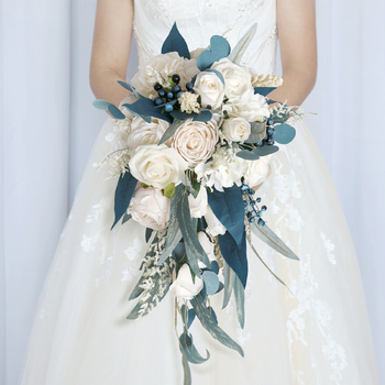 thumb_Bridal Teardrop Bouquet - Ivory, Dusty Blue, Naturals