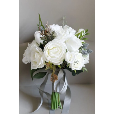 thumb_Artificial White Rose Bridal Bouquet with Grey Ribbon - 30cm