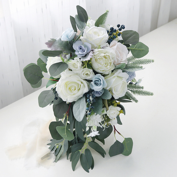 thumb_Bridal Teardrop Bouquet - White/Pale Blue Roses