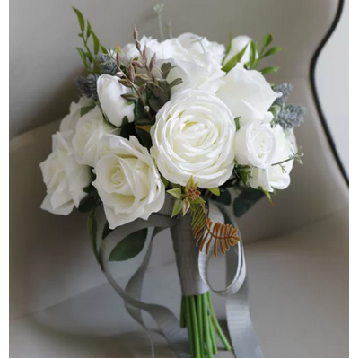 thumb_Artificial White Rose Bridal Bouquet with Grey Ribbon - 30cm