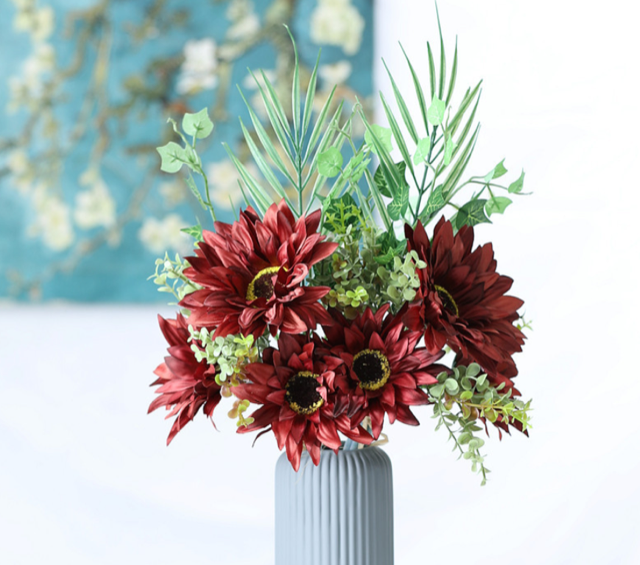 48cm Sunflower Bouquet/Vase Arrangment - Burgundy