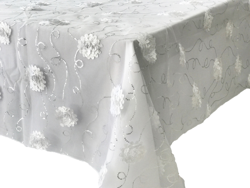 White Flower Silver Sequin Embroidery Table Square Overlay 228cm