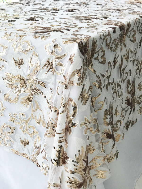 Gold Sequin Floral  Table Square Overlay 228cm
