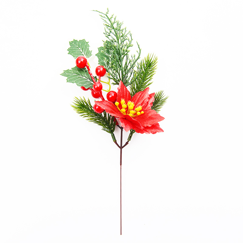 30cm - Red Christmas Berry Spray W/ Poinsettia and Holly