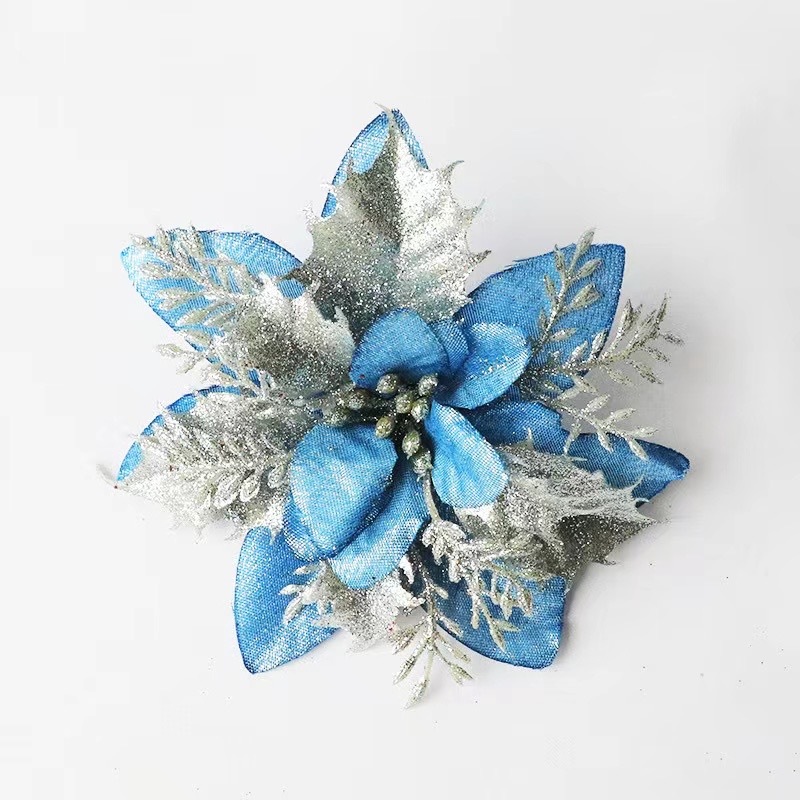 16cm Large Blue/Silver Glitter Poinsettia Christmas Flower