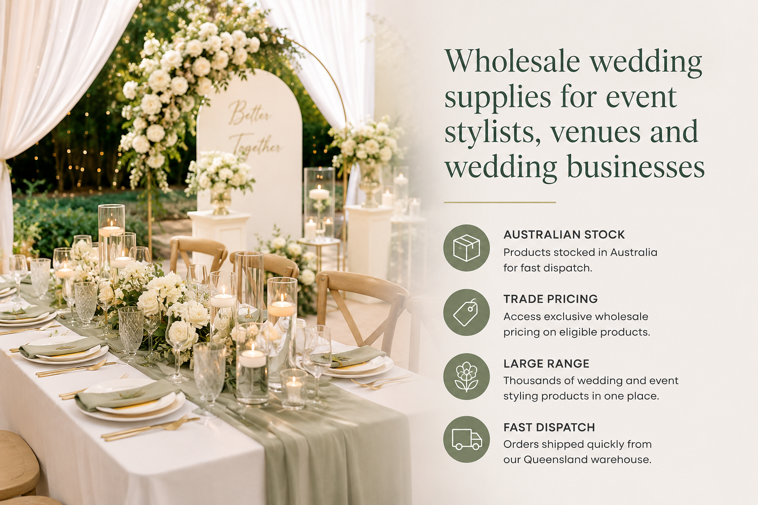 Wholesale wedding supplies for event stylists, venues and wedding businesses