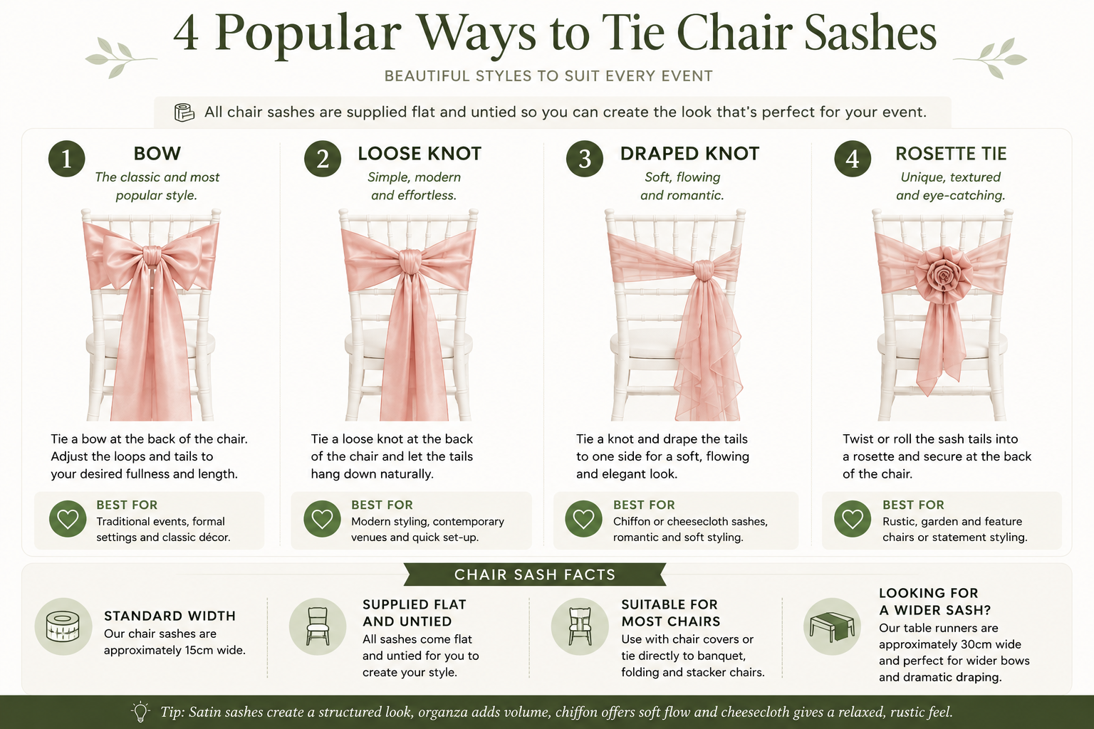 Four popular ways to tie chair sashes including bow, loose knot, draped knot and rosette tie