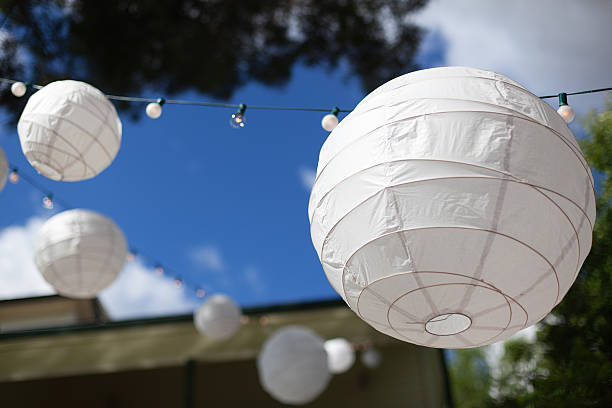 Paper Wedding Lanterns Outside with Festoon Lighting