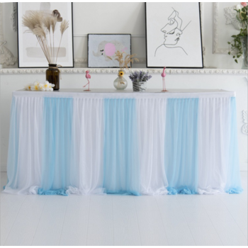 9ft (2.7m) White/Blue Chiffon Table Skirting with splits