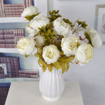 50cm - 8 Head European Peony Flower Bush - White/Cream