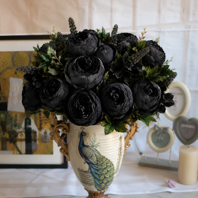 50cm - 8 Head European Peony Flower Bush - Black