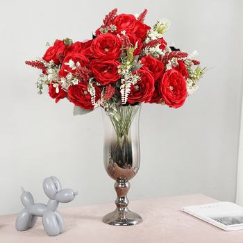 50cm - 6 Head Peony Rose Flower Bush - Red
