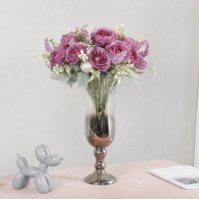 50cm - 6 Head Peony Rose Flower Bush - Mauve
