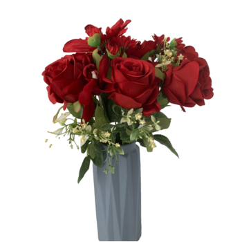 56cm - 12 Head Rose, Orchid & Daisy Flower Bush - Red