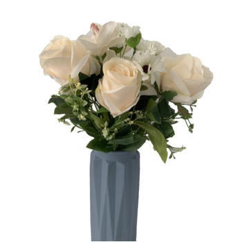 56cm - 12 Head Rose, Orchid & Daisy Flower Bush - Ivory