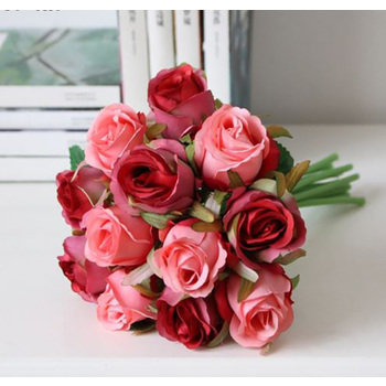 Red/Pink Tones Green - 12 Head Silk Rose Bouquet