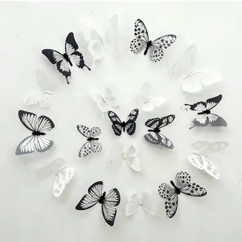 18pc - 3d Butterflies Black and White with Glitter - Wall Stickers/Decorations