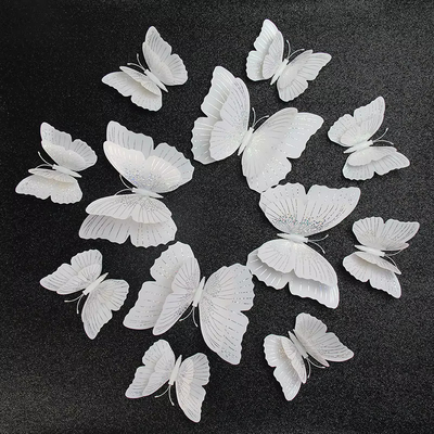 12pc - 3d Butterflies White Glossy with Glitter Effect - Wall Stickers/magnet/Decorations