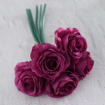  5 Head Small Silk Rose Bouquet - Purple/Eggplant -