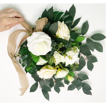 White Rose Flat Centerpiece/Bridal Bouquet with Burlap