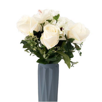 56cm - 12 Head Rose, Orchid & Daisy Flower Bush - White
