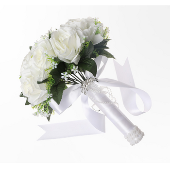 White Rose Bridal Bouquet - Satin Wrapped Handle