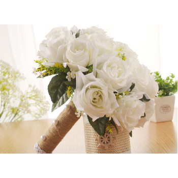 White Rose Bridal Bouquet - Burlap Wrapped Handle